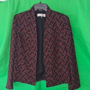 Kasper Black and Burgundy Chevron Open-Front Blazer